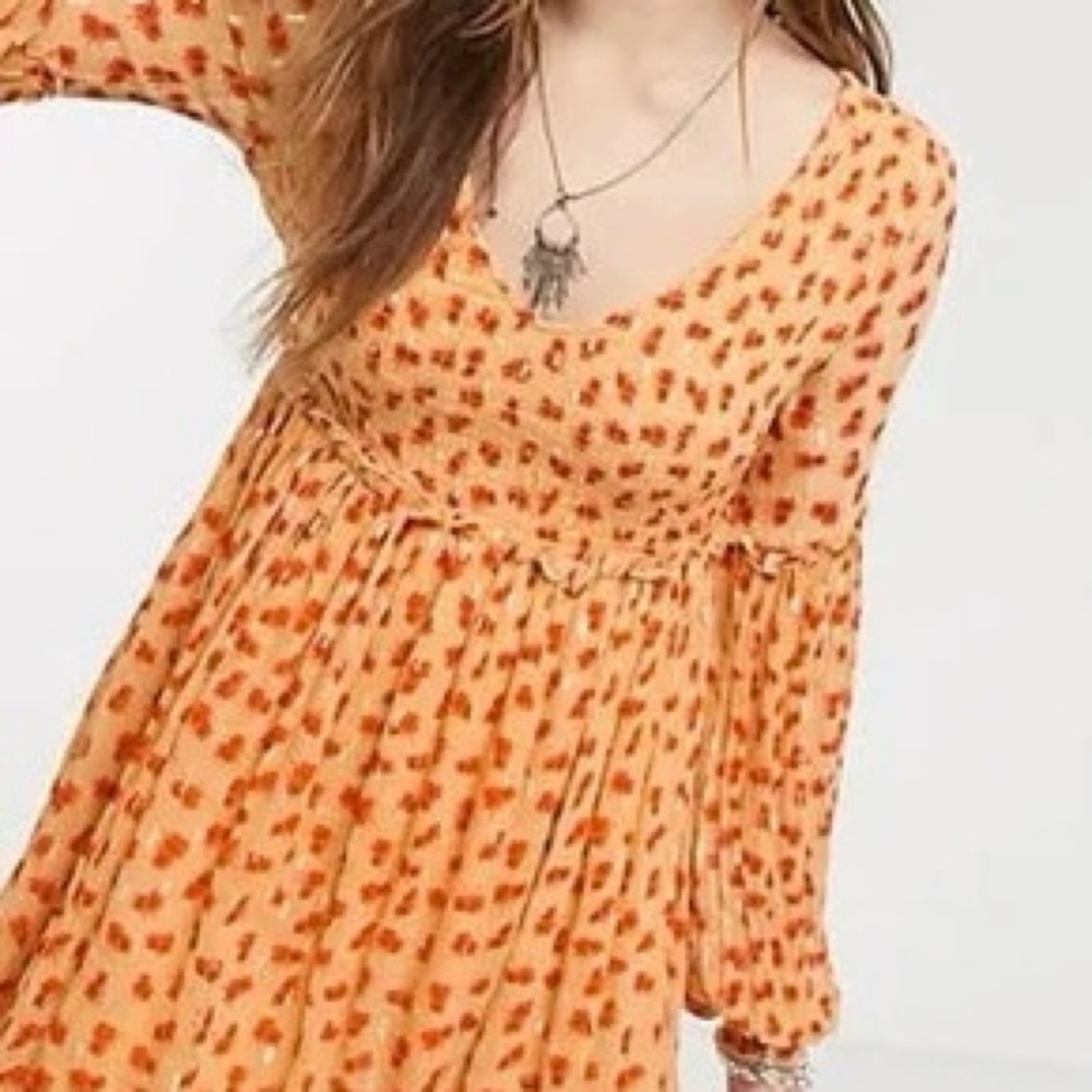 Free People Long Sleeve smocked open back orange 🍊 Floral Dress - Picture 4 of 11